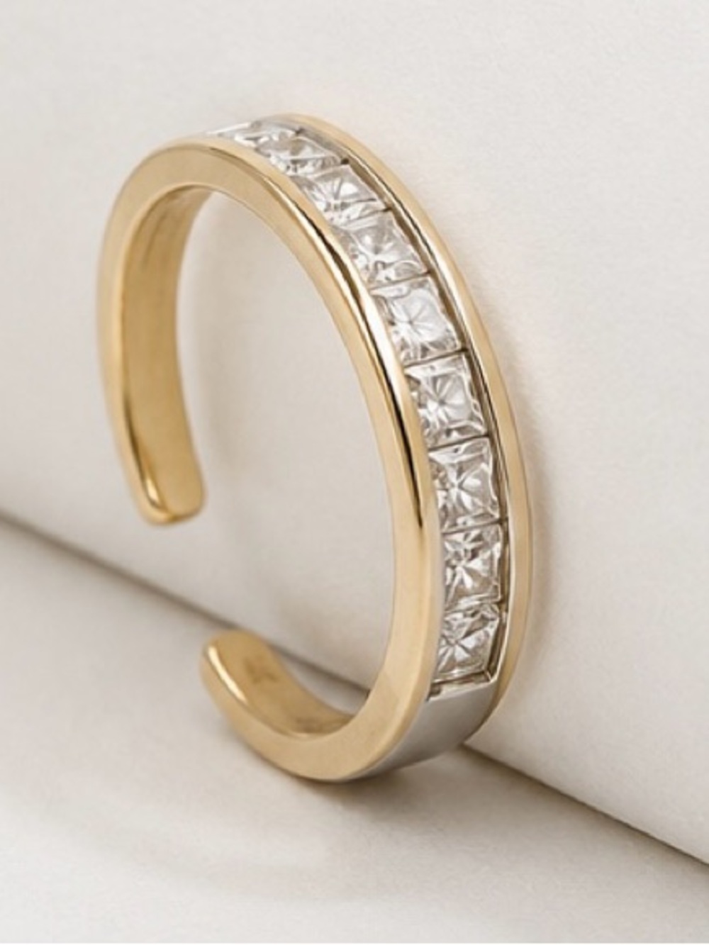 14k solid yellow gold zirconia Open Band Ring adjustable - Women Jewelry